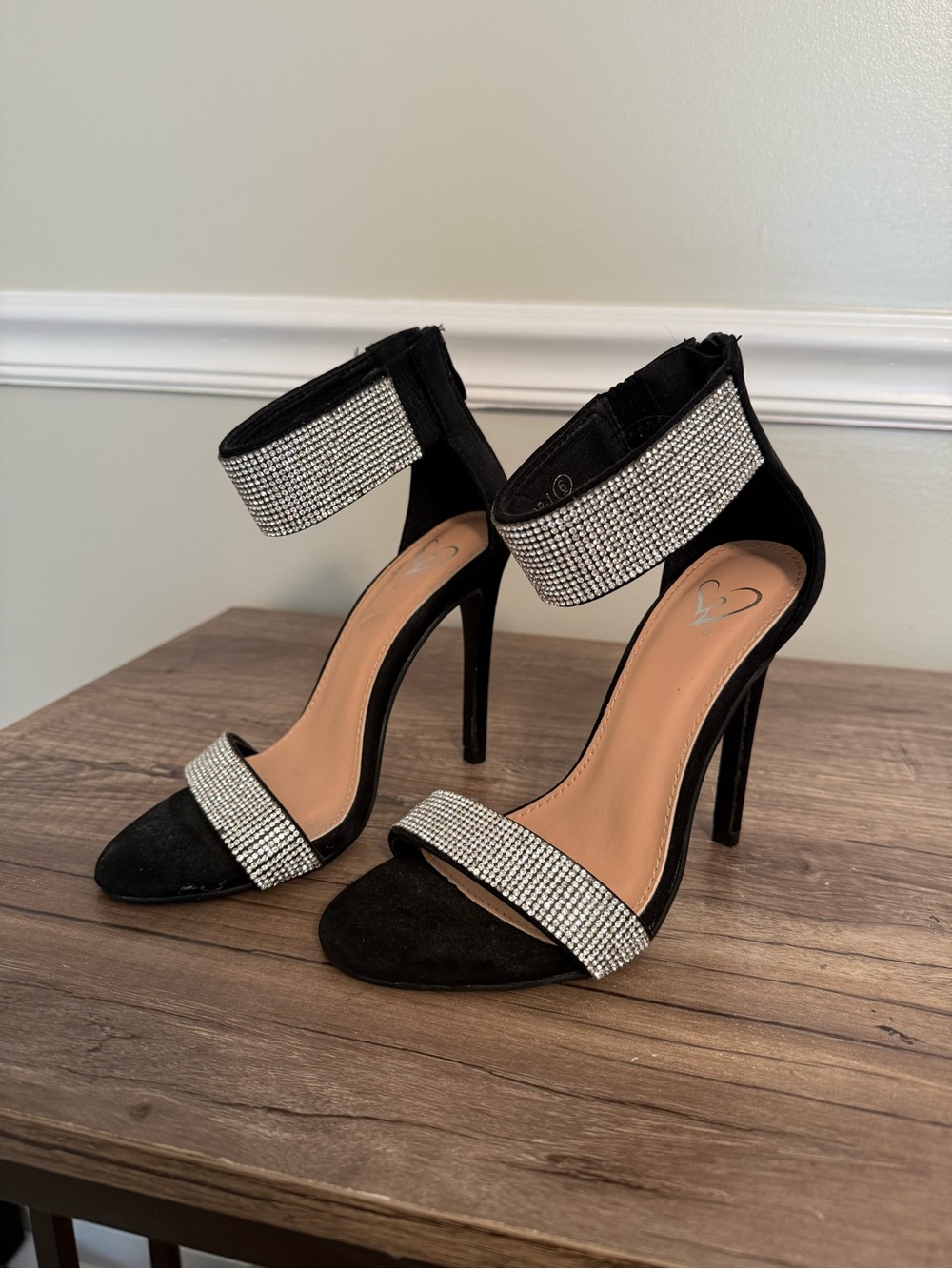 Women's Black Rhinestone Ankle-Strap Stiletto Heels